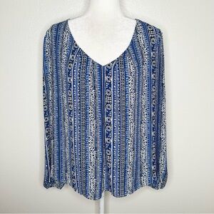 LOFT Womens Blue Patterned V-Neck Long Sleeve Top Blouse Size XL EUC